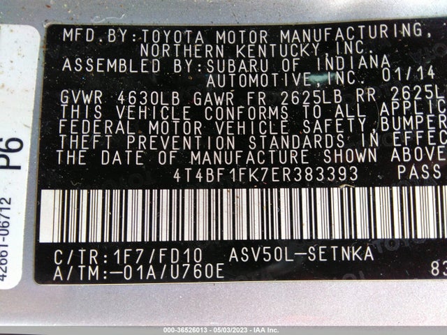 2014 TOYOTA CAMRY L/LE/XLE/SE/SE SPORT VIN: 4T4BF1FK7ER383393