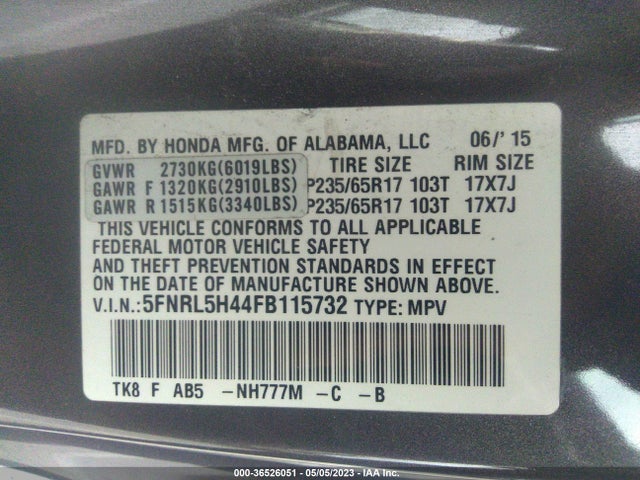 Honda ODYSSEY EX 2015 5FNRL5H44FB115732 Image 9