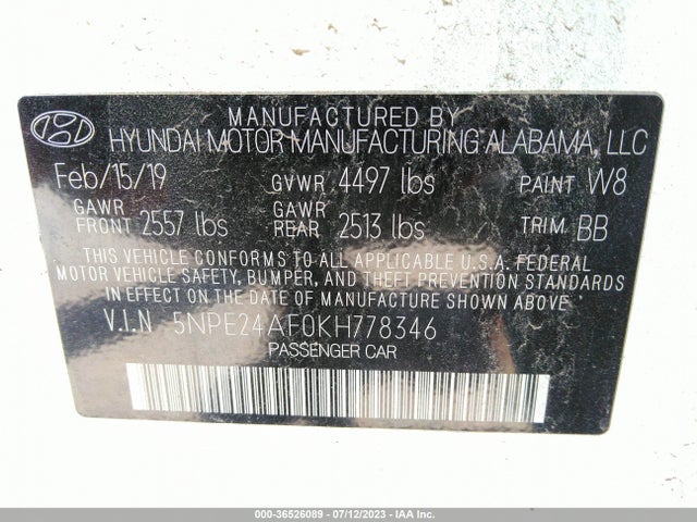 2019 HYUNDAI SONATA SE VIN: 5NPE24AF0KH778346