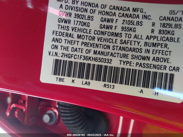 Honda Civic Sedan Ex 2019 2HGFC1F36KH650332 Image 9