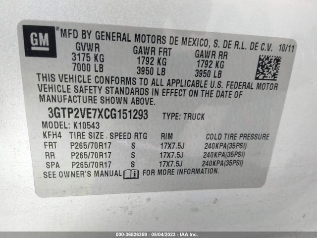 2012 GMC SIERRA 1500 SLE VIN: 3GTP2VE7XCG151293