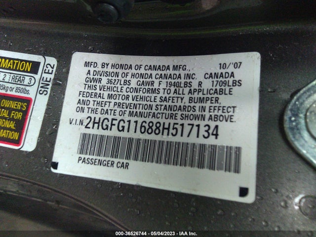 2008 HONDA CIVIC CPE LX VIN: 2HGFG11688H517134