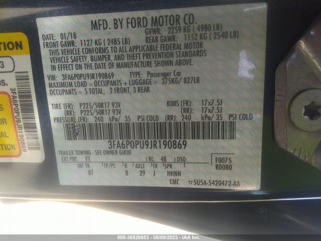2018 Ford Fusion, VIN: 3FA6P0PU9JR190869