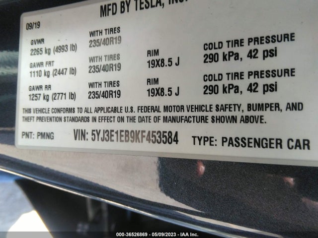 2019 Tesla 3, VIN: 5YJ3E1EB9KF453584