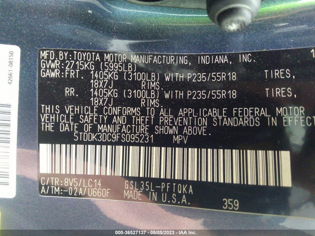 2015 TOYOTA SIENNA LTD/XLE/XLE PREMIUM VIN: 5TDDK3DC9FS095231