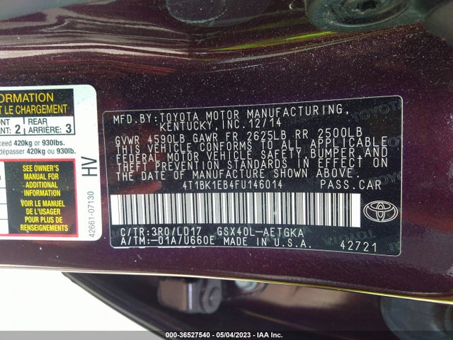 2015 TOYOTA AVALON XLE VIN: 4T1BK1EB4FU146014