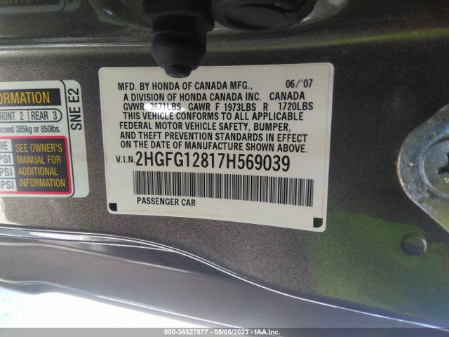 2007 HONDA CIVIC CPE EX VIN: 2HGFG12817H569039