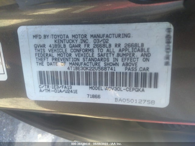 2002 TOYOTA CAMRY LE/SE/XLE VIN: 4T1BE30K22U568741