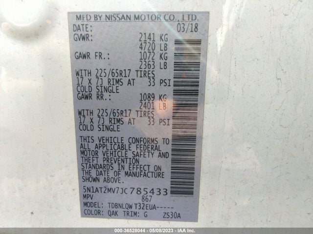 2018 NISSAN ROGUE SV VIN: 5N1AT2MV7JC785433