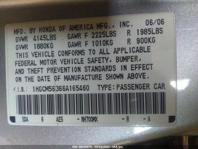 2006 HONDA ACCORD SDN LX SE VIN: 1HGCM56366A165460