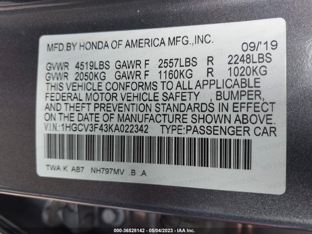 2019 HONDA ACCORD HYBRID EX VIN: 1HGCV3F43KA022342