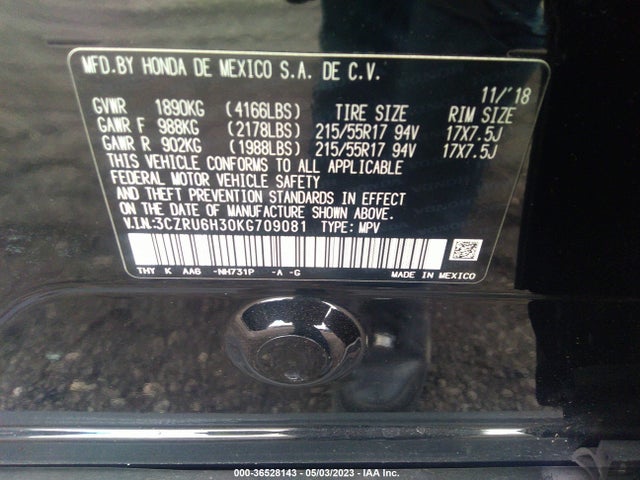 2019 HONDA HR-V LX VIN: 3CZRU6H30KG709081