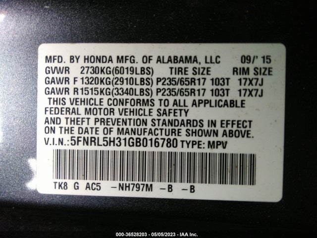 Honda ODYSSEY SE 2016 5FNRL5H31GB016780 Image 9