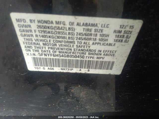 Honda Pilot Ex-l 2016 5FNYF6H54GB050450 Image 10