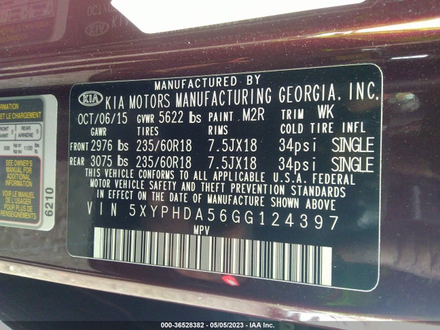 2016 KIA SORENTO EX VIN: 5XYPHDA56GG124397