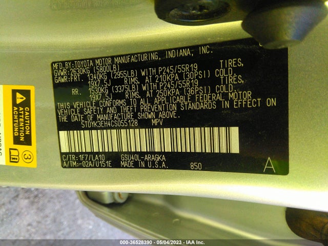 2012 TOYOTA HIGHLANDER LIMITED VIN: 5TDYK3EH4CS055128
