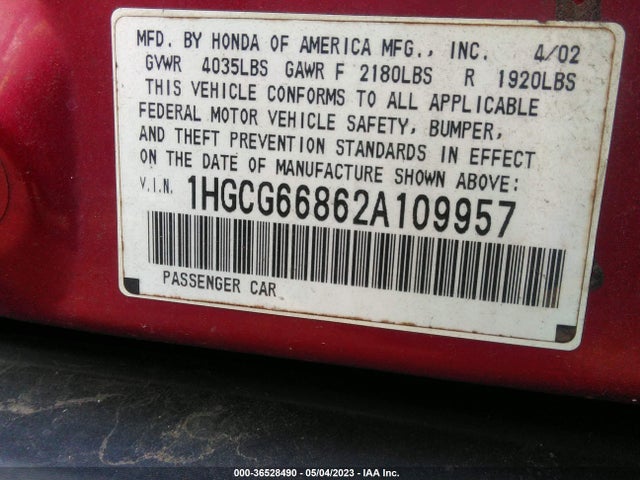 2002 HONDA ACCORD SDN SE/EX/EX W/LEATHER VIN: 1HGCG66862A109957