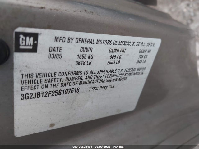 2005 PONTIAC SUNFIRE VIN: 3G2JB12F25S197618