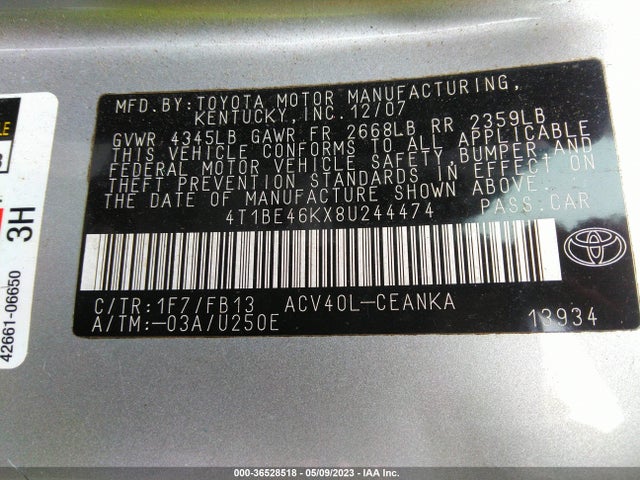 2008 TOYOTA CAMRY VIN: 4T1BE46KX8U244474