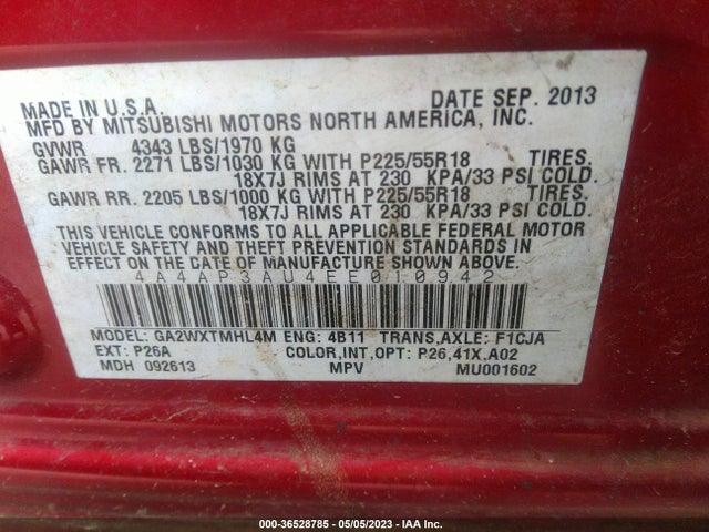 4A4AP3AU4EE010942 Mitsubishi Outlander Sport Es