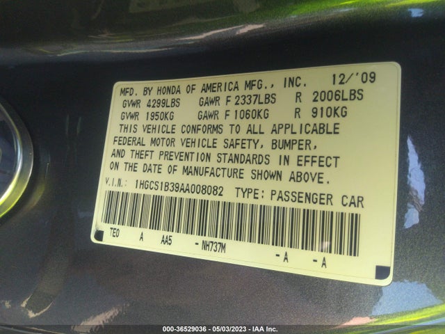 2010 HONDA ACCORD CPE LX-S VIN: 1HGCS1B39AA008082