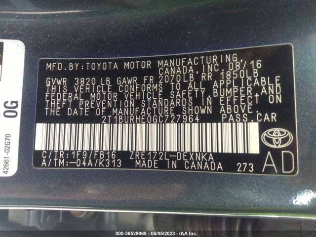 2016 TOYOTA COROLLA L/LE/S/S PLUS/LE PLUS VIN: 2T1BURHE0GC727964