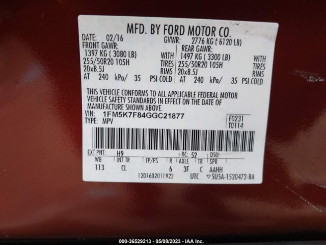 1FM5K7F84GGC21877 Ford Explorer Limited