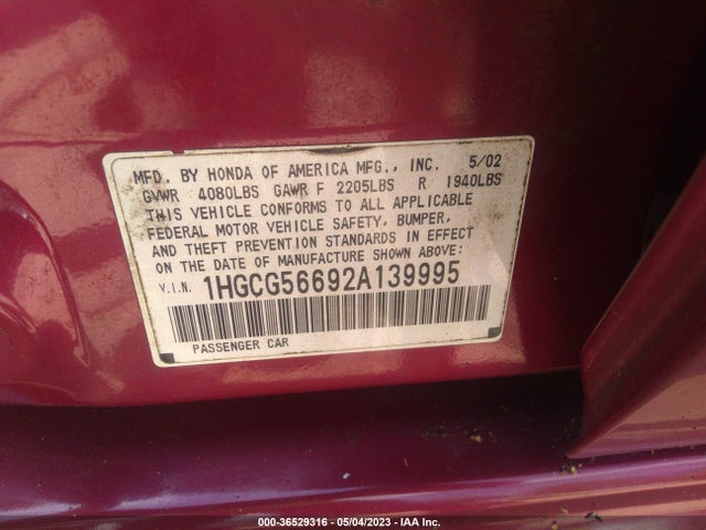 2002 HONDA ACCORD SDN EX VIN: 1HGCG56692A139995