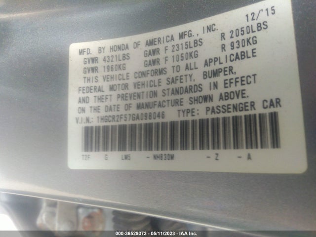 2016 HONDA ACCORD SEDAN SPORT VIN: 1HGCR2F57GA098046