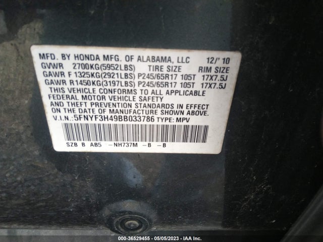 2011 HONDA PILOT EX VIN: 5FNYF3H49BB033786