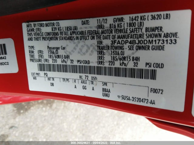 36529631 :رقم المزاد ، 3FADP4BJ0DM173133 vin ، 2013 Ford Fiesta Se مزاد بيع