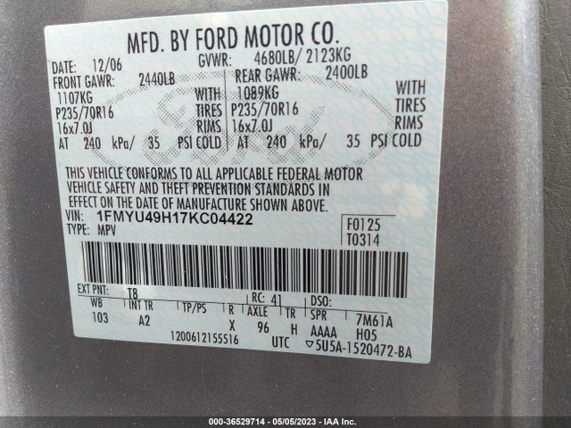 2007 FORD ESCAPE HYBRID VIN: 1FMYU49H17KC04422
