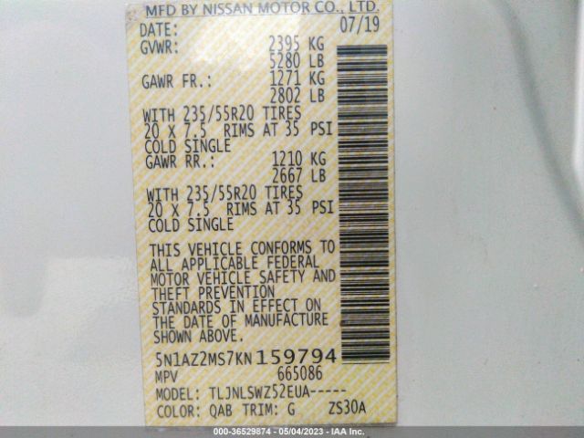 5N1AZ2MS7KN159794 Nissan Murano Platinum