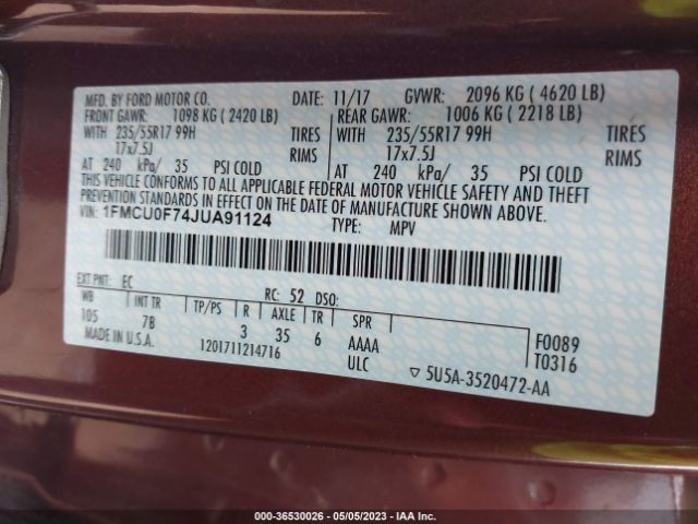 1FMCU0F74JUA91124 Ford ESCAPE S