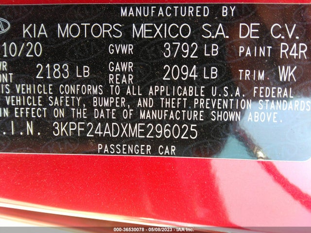 2021 KIA FORTE LXS VIN: 3KPF24ADXME296025