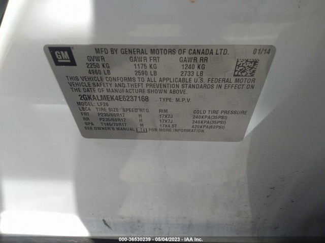 2014 GMC TERRAIN SLE VIN: 2GKALMEK4E6237168
