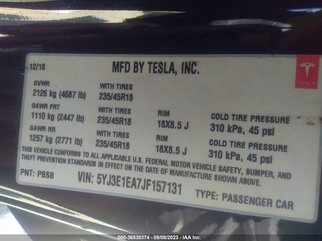 Tesla Model 3 Range Battery 2018 5YJ3E1EA7JF157131 Image 10