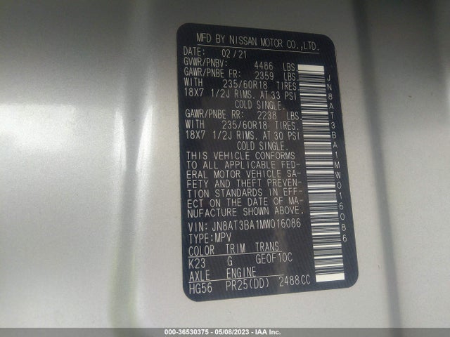 2021 NISSAN ROGUE SV VIN: JN8AT3BA1MW016086