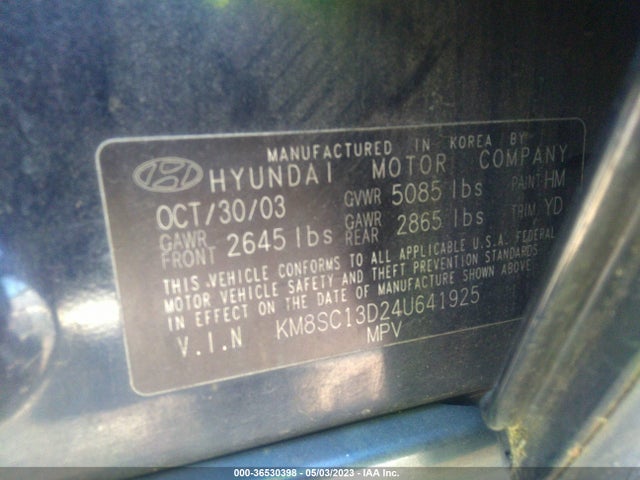 2004 HYUNDAI SANTA FE GLS VIN: KM8SC13D24U641925