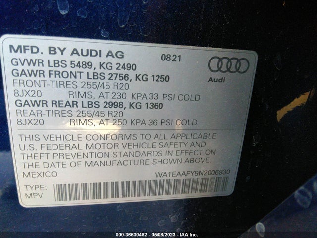 WA1EAAFY9N2006830 Audi Q5 S Line Premium Plus