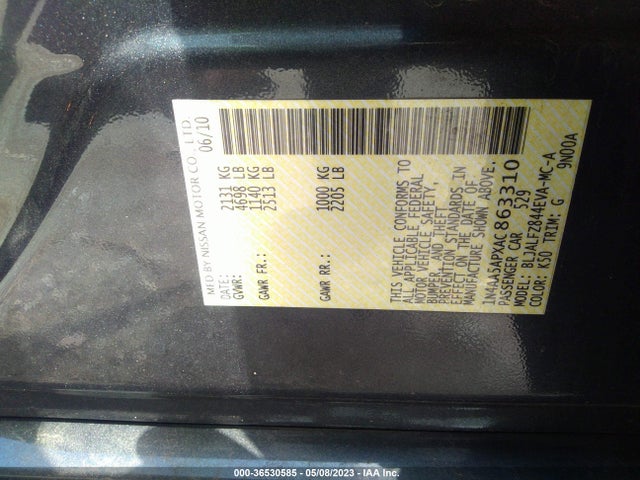 2010 NISSAN MAXIMA 3.5 SV W/PREMIUM PKG VIN: 1N4AA5APXAC863310