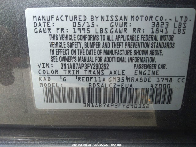 2015 NISSAN SENTRA S VIN: 3N1AB7AP3FY290352
