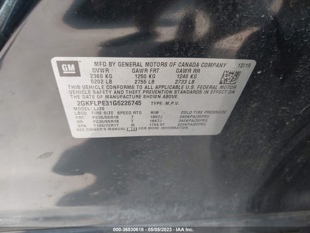 2016 GMC TERRAIN SLT VIN: 2GKFLPE31G6226745