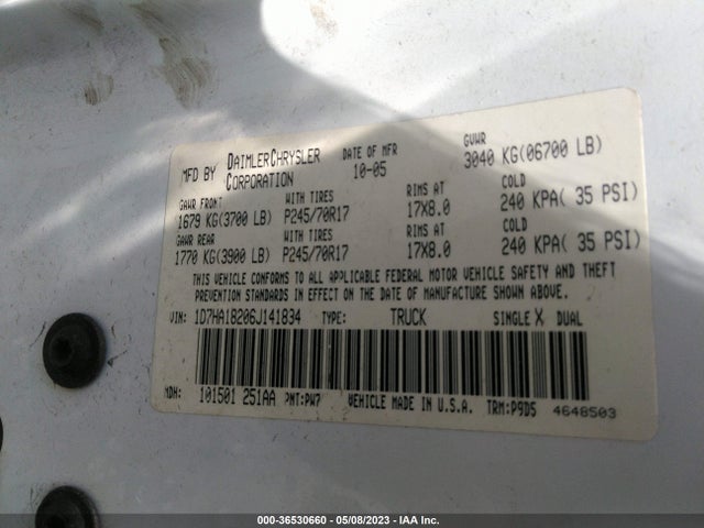 2006 DODGE RAM 1500 ST VIN: 1D7HA18206J141834