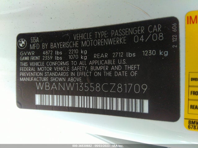 2008 BMW 5 SERIES 535I VIN: WBANW13558CZ81709