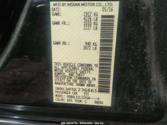 2016 NISSAN ALTIMA 2.5 SV VIN: 1N4AL3AP3GC236665