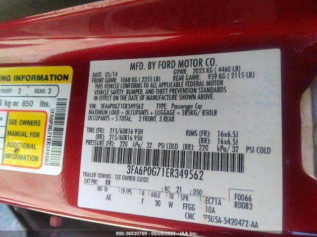 Ford FUSION S 2014 3FA6P0G71ER349562 Image 10