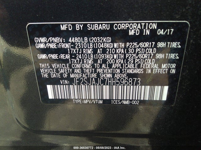 2017 SUBARU FORESTER LIMITED VIN: JF2SJAJC7HH596873