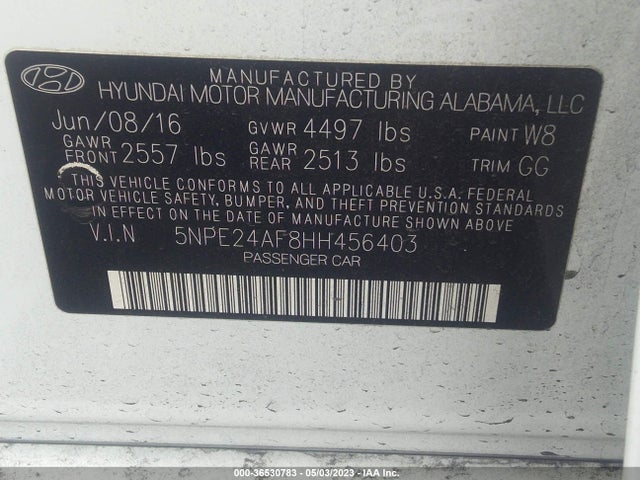 2017 HYUNDAI SONATA SE VIN: 5NPE24AF8HH456403