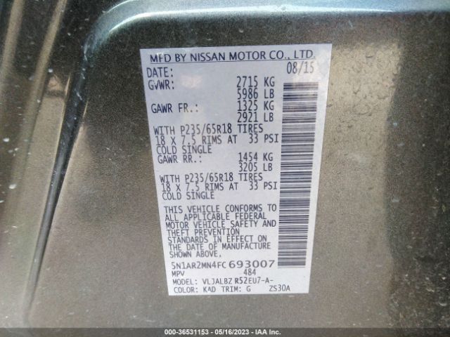 5N1AR2MN4FC693007 Nissan Pathfinder S